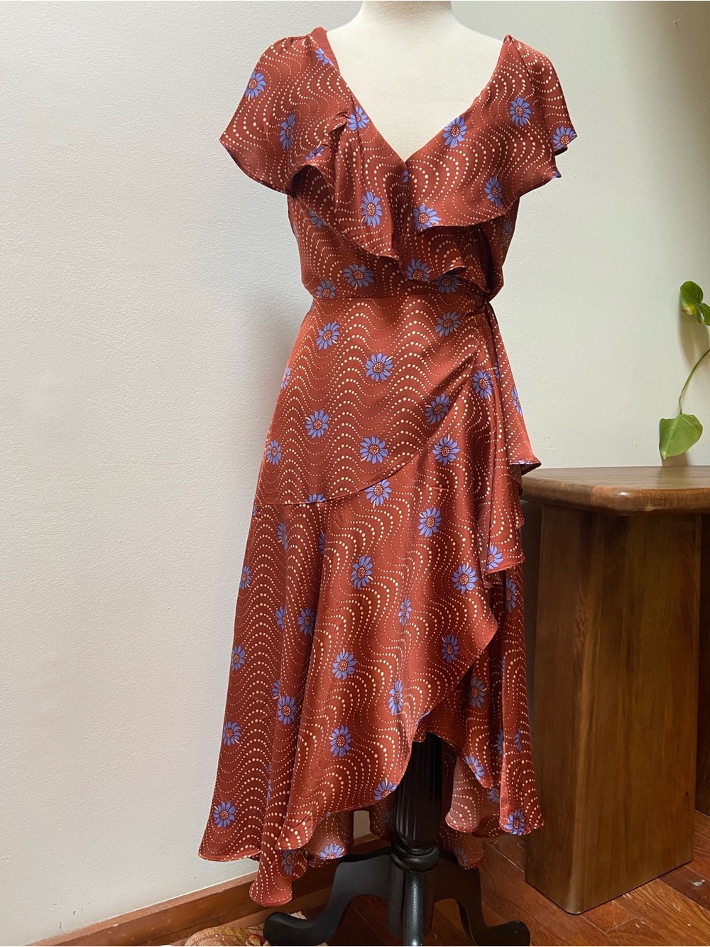 Anthropologie Rust Motif Silky High-Low Wrap Dress Size XS